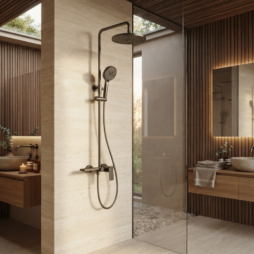 Brushed grey thermostatic shower column with shelf - rainfall head detail