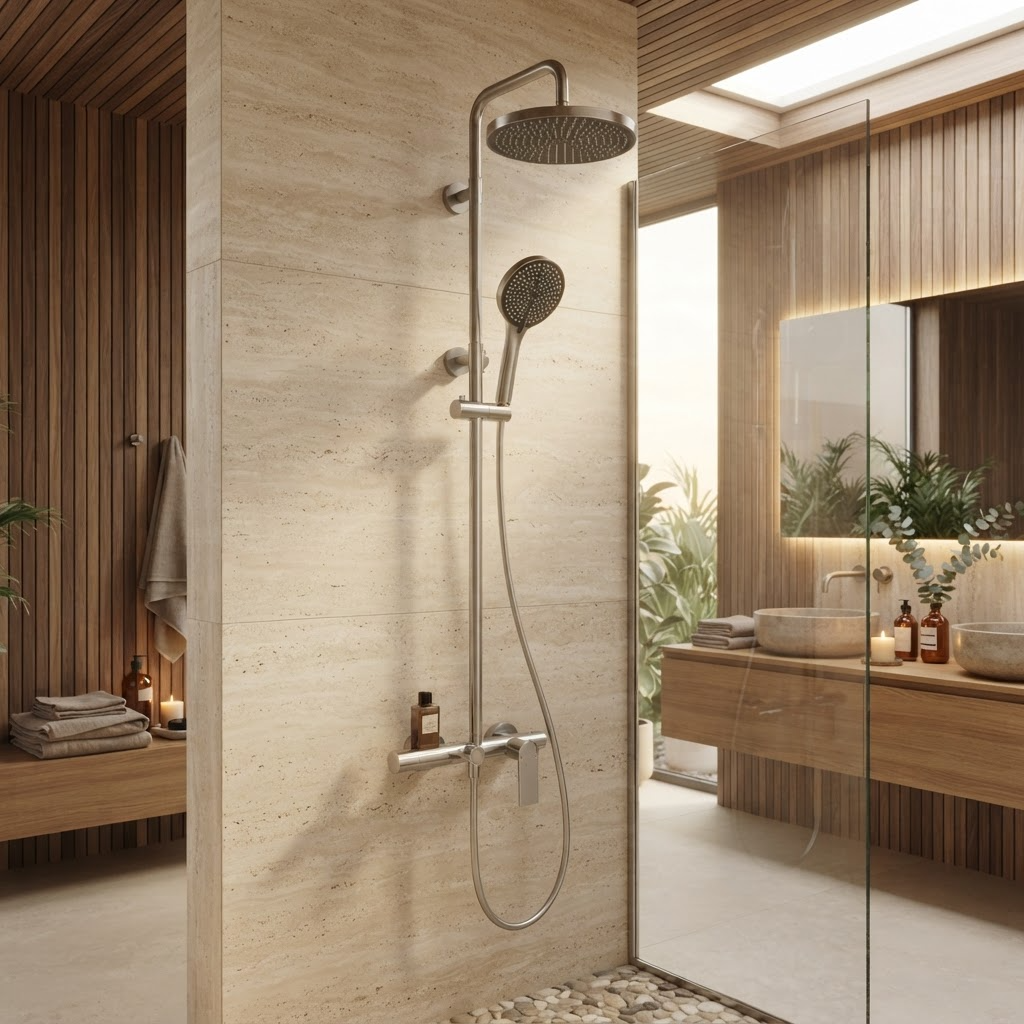 Polished chrome thermostatic shower column with shelf