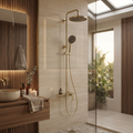 Brushed gold thermostatic shower column with shelf