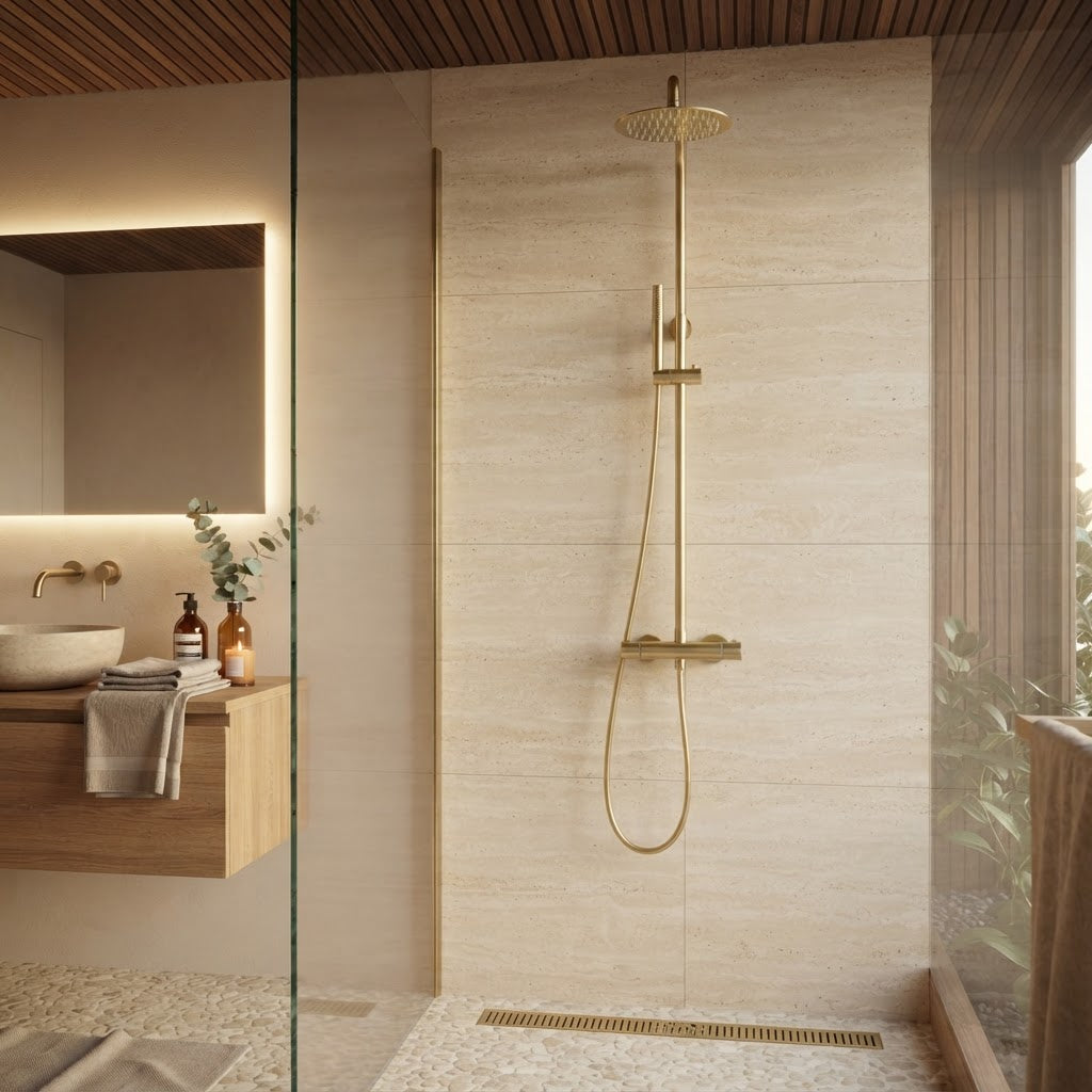 Brushed gold thermostatic shower column - hand shower and hose