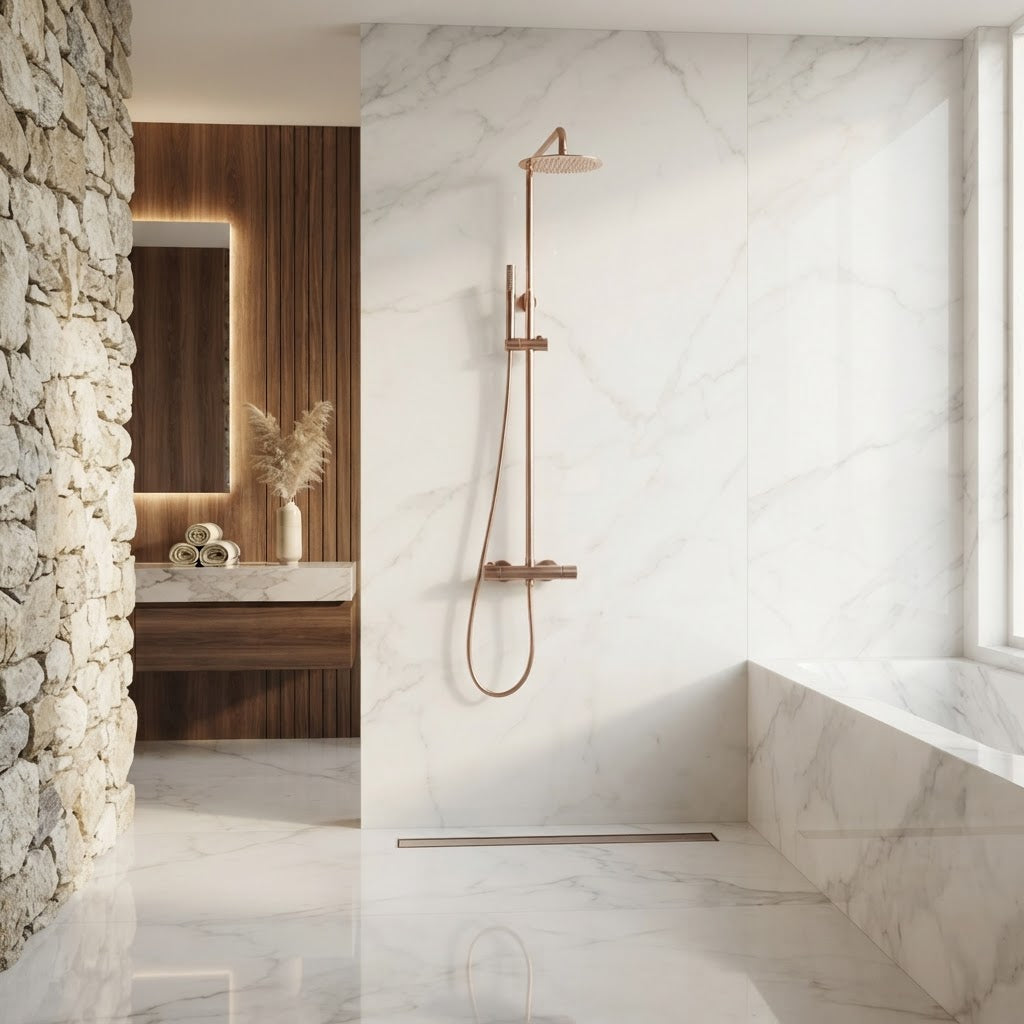 Brushed rose gold thermostatic shower column - mixer and controls close-up