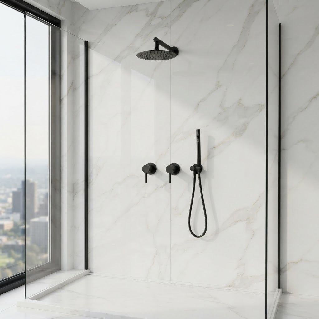 Matt black concealed shower set with rainfall head - rainfall head detail