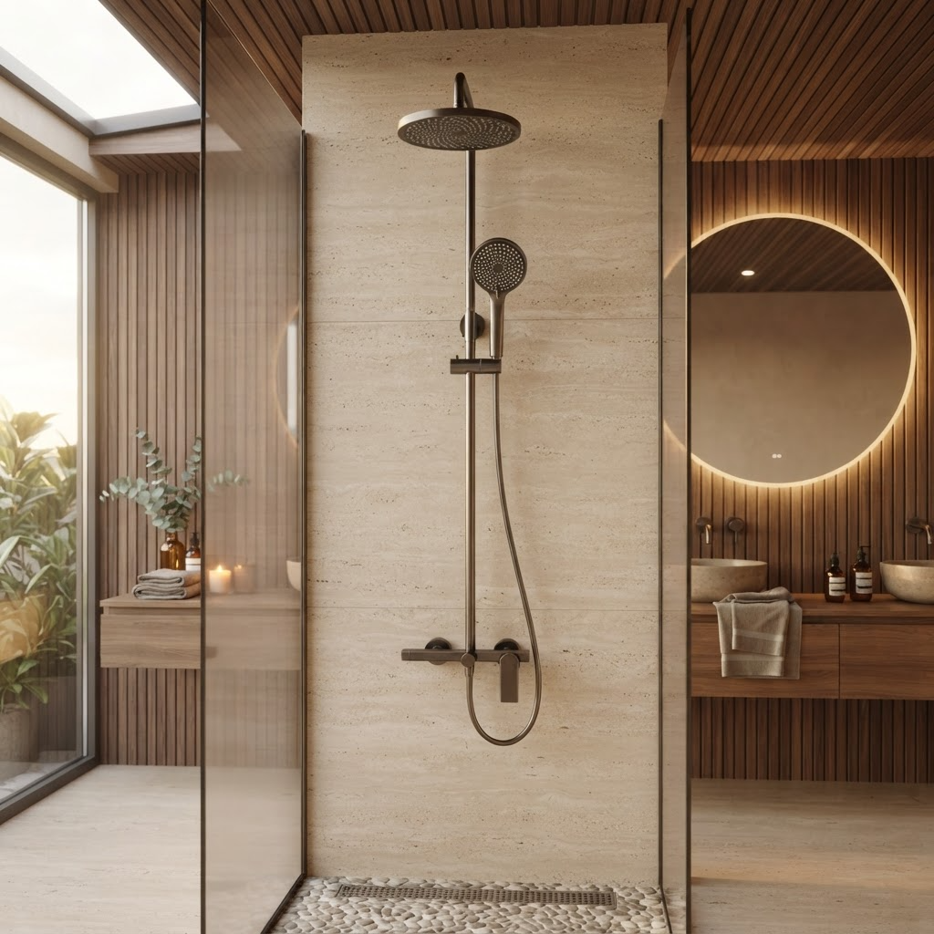 Brushed grey thermostatic shower column with shelf