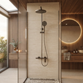 Brushed grey thermostatic shower column with shelf