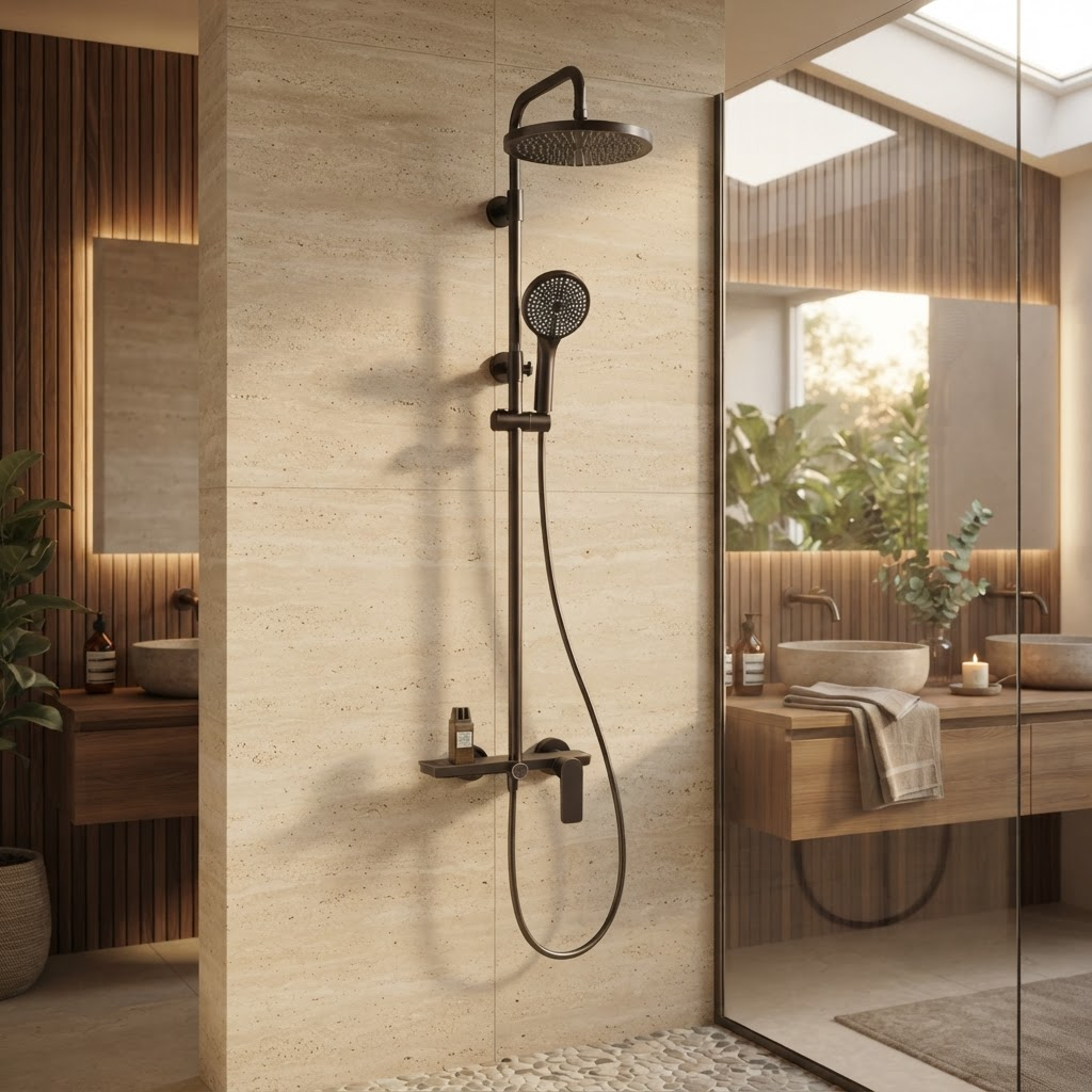 Matt black thermostatic shower column with shelf