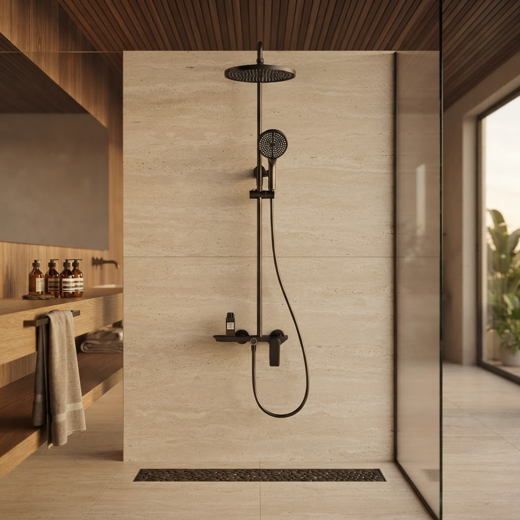 Matt black thermostatic shower column with shelf - rainfall head detail