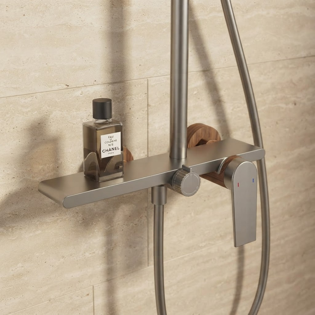 Brushed grey thermostatic shower column with shelf - hand shower and hose