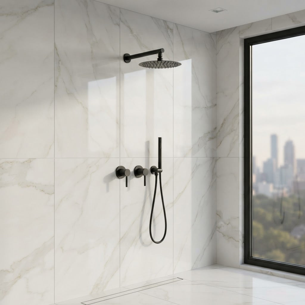 Matt black concealed shower set with rainfall head - mixer and controls close-up