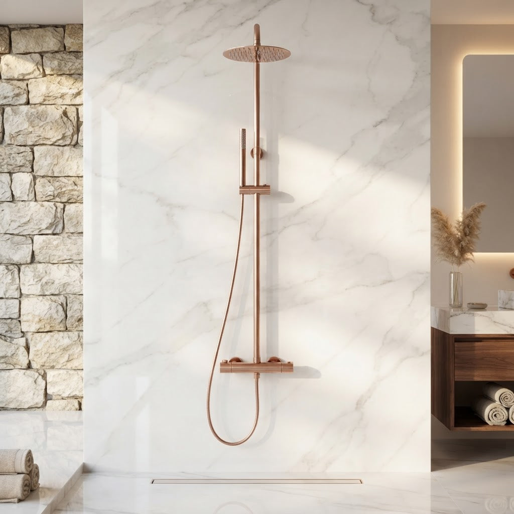Brushed rose gold thermostatic shower column - rainfall head detail
