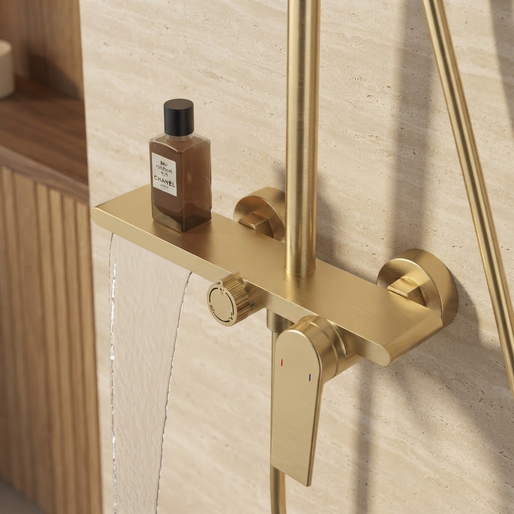 Brushed gold thermostatic shower column with shelf - mixer and controls close-up