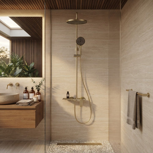 Brushed gold thermostatic shower column with shelf - rainfall head detail
