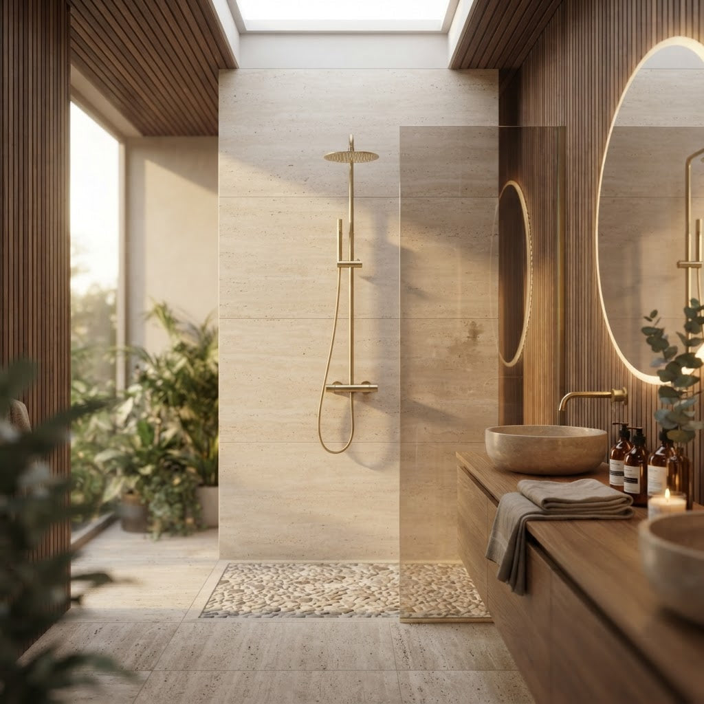 Brushed gold thermostatic shower column - mixer and controls close-up