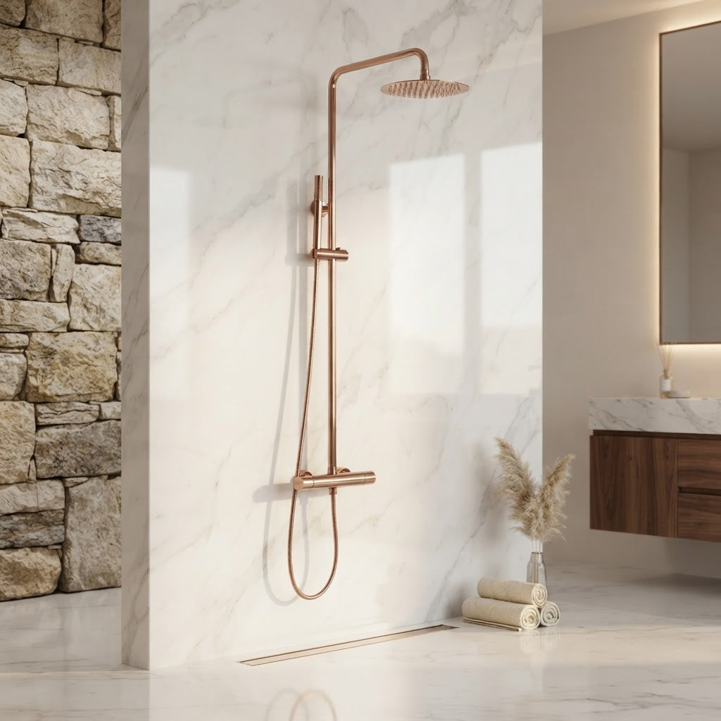 Brushed rose gold thermostatic shower column