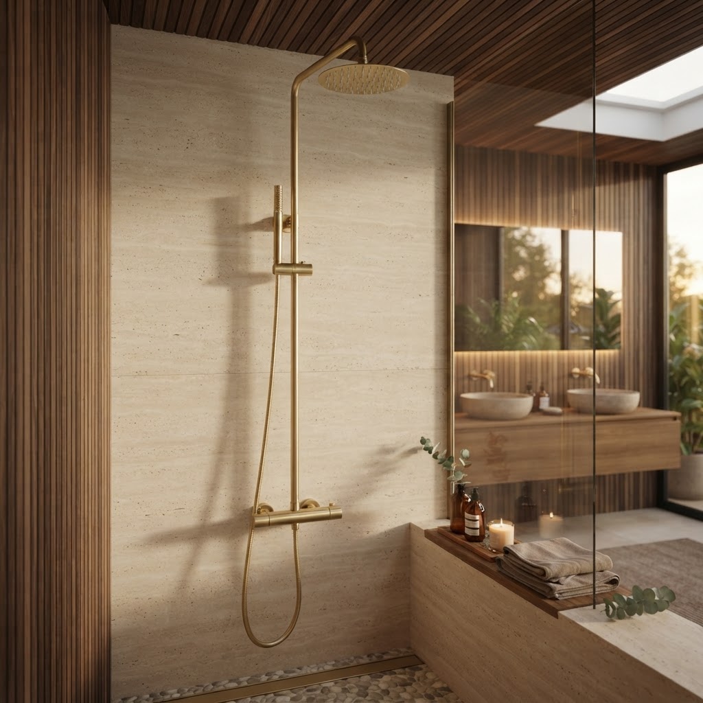 Brushed gold thermostatic shower column - rainfall head detail