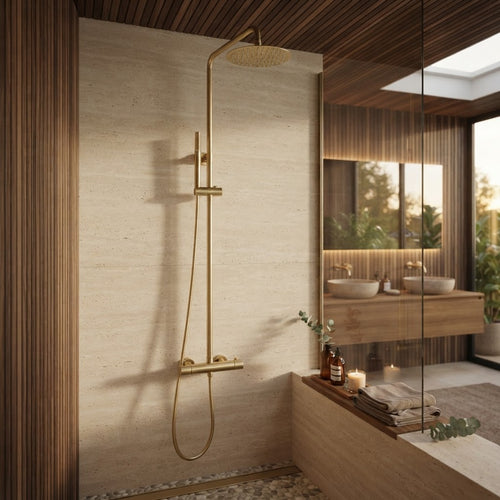 Brushed gold thermostatic shower column - rainfall head detail