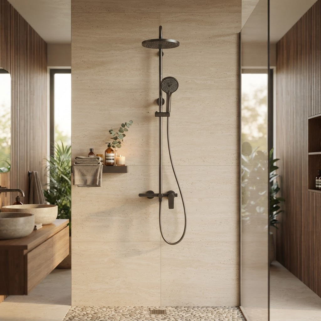 Brushed grey thermostatic shower column with shelf - mixer and controls close-up
