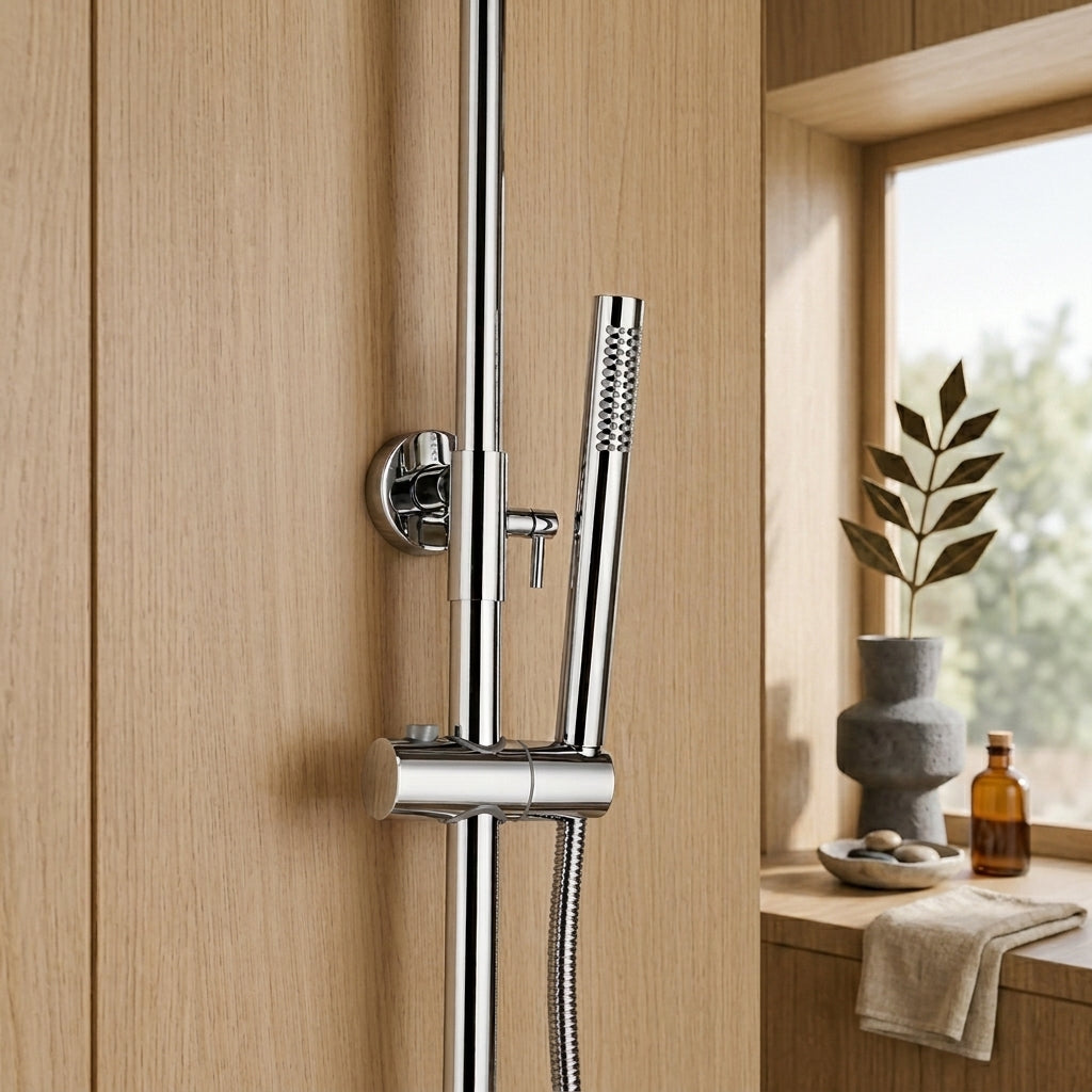 Polished chrome thermostatic shower column - mixer and controls close-up